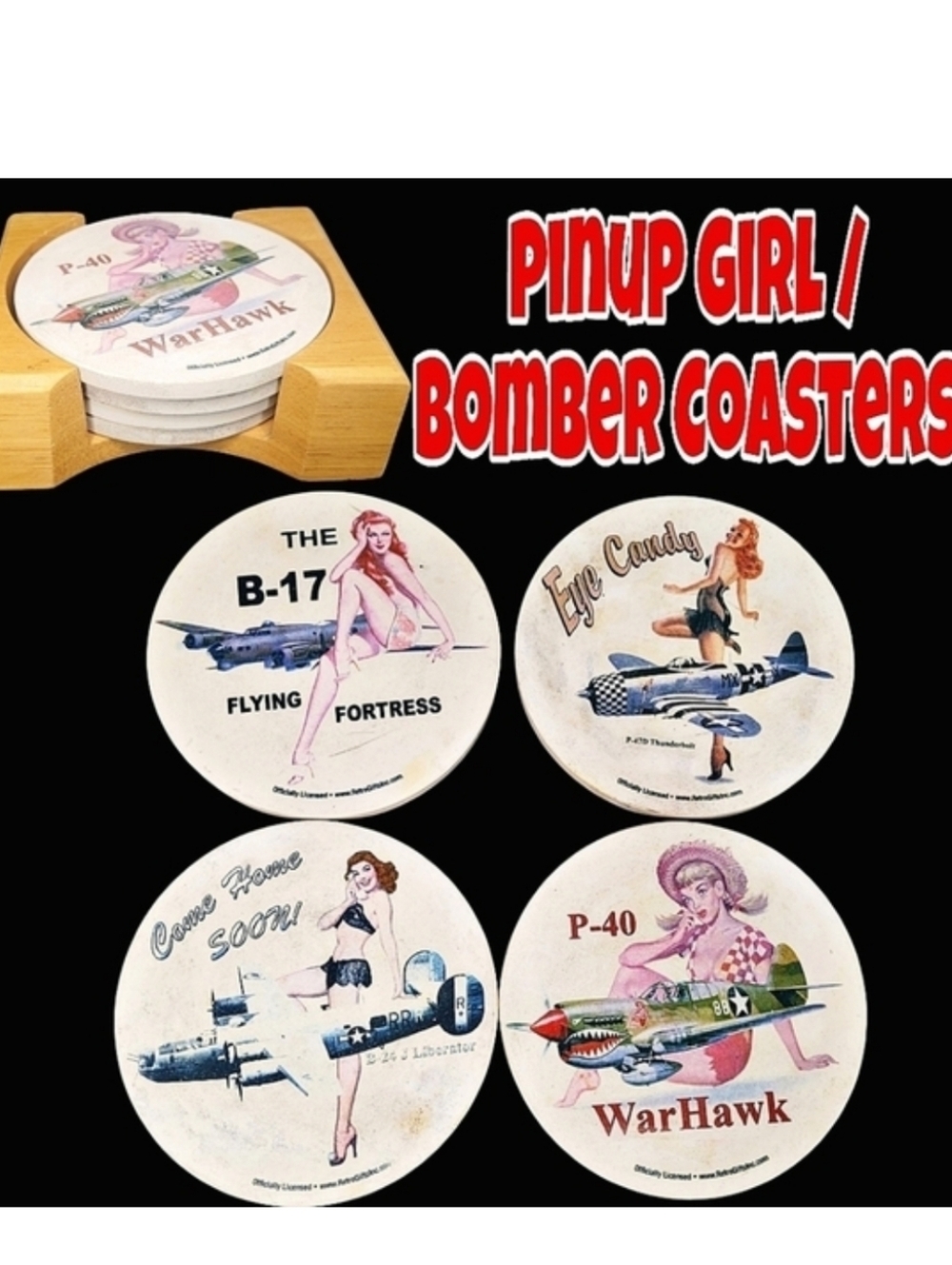 Retro Pinup Girl War Bomber 4 Coasters Set & Wood Holder